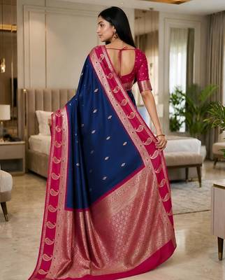 Navy blue color silk blend zari woven work saree 2
