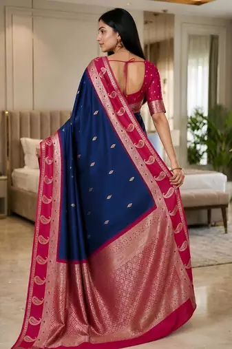 Navy blue color silk blend zari woven work saree