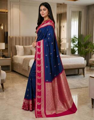 Navy blue color silk blend zari woven work saree 3