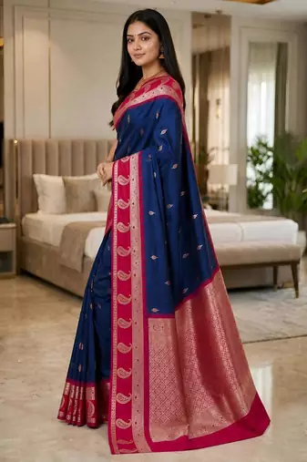 Navy blue color silk blend zari woven work saree