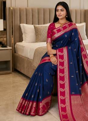 Navy blue color silk blend zari woven work saree 4