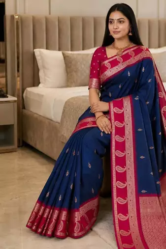 Navy blue color silk blend zari woven work saree