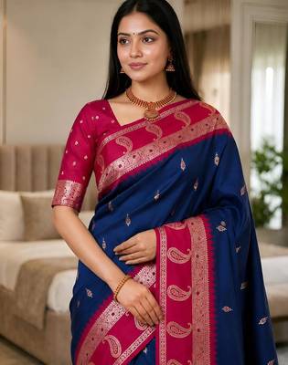 Navy blue color silk blend zari woven work saree 5