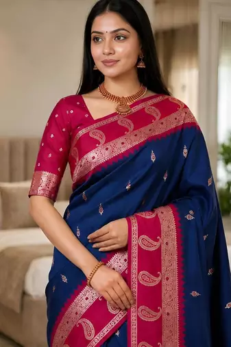 Navy blue color silk blend zari woven work saree