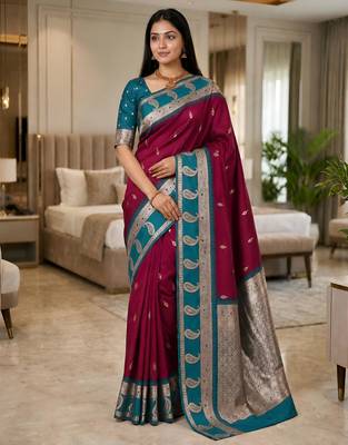Magenta color silk blend zari woven work saree 1
