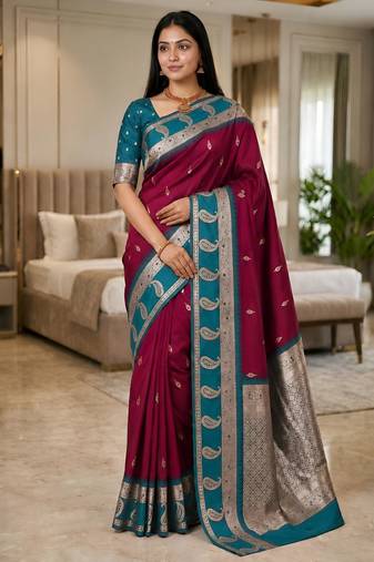 Magenta color silk blend zari woven work saree