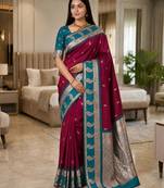 Magenta color silk blend zari woven work saree