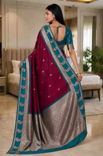Magenta color silk blend zari woven work saree