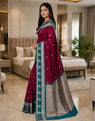 Magenta color silk blend zari woven work saree 3