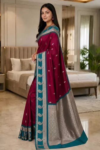 Magenta color silk blend zari woven work saree
