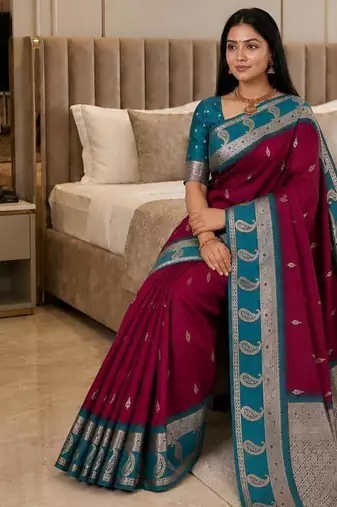 Magenta color silk blend zari woven work saree