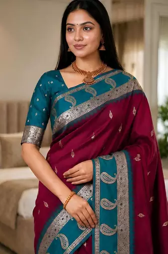 Magenta color silk blend zari woven work saree