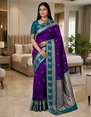 Blue color silk blend zari woven work saree 1
