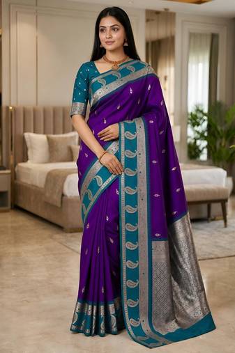 Blue color silk blend zari woven work saree