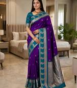 Blue color silk blend zari woven work saree