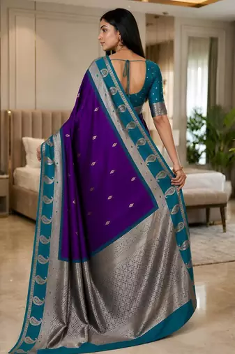 Blue color silk blend zari woven work saree