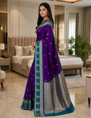 Blue color silk blend zari woven work saree 3