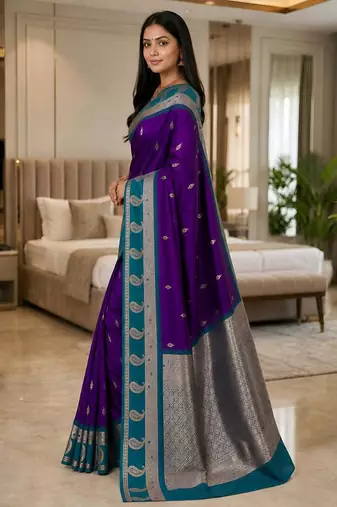 Blue color silk blend zari woven work saree