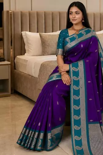 Blue color silk blend zari woven work saree