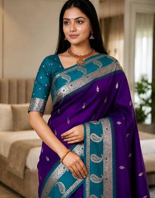 Blue color silk blend zari woven work saree 5