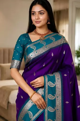 Blue color silk blend zari woven work saree