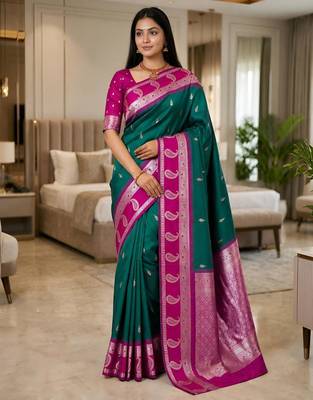 Sea green color silk blend zari woven work saree 1