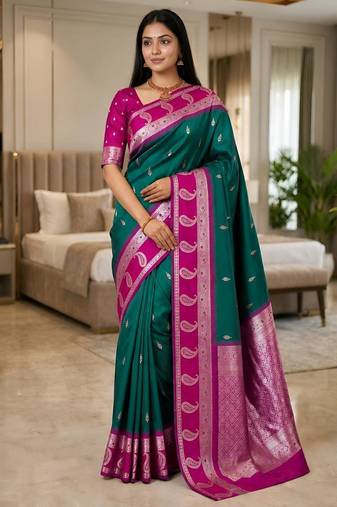 Sea green color silk blend zari woven work saree