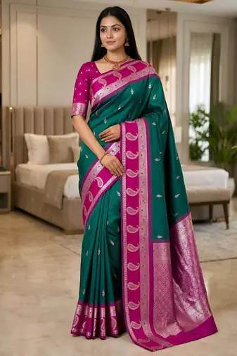 Sea green color silk blend zari woven work saree