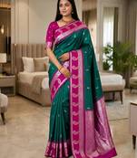 Sea green color silk blend zari woven work saree