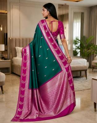 Sea green color silk blend zari woven work saree 2