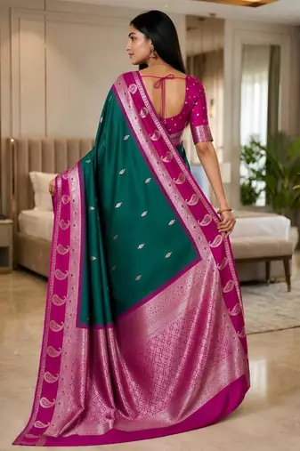 Sea green color silk blend zari woven work saree