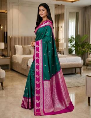 Sea green color silk blend zari woven work saree 3
