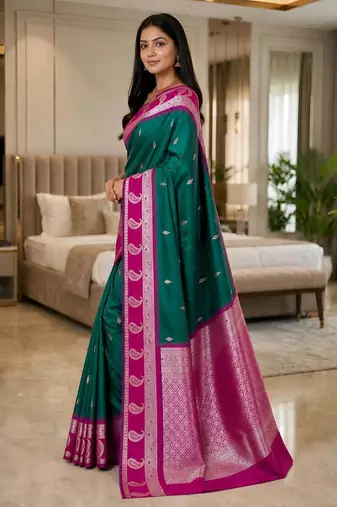 Sea green color silk blend zari woven work saree