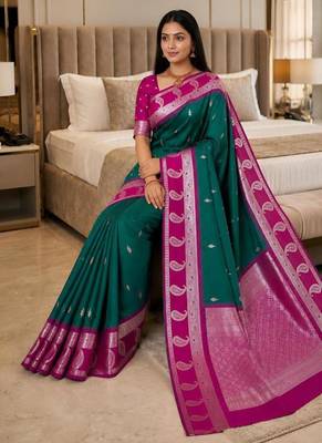 Sea green color silk blend zari woven work saree 4