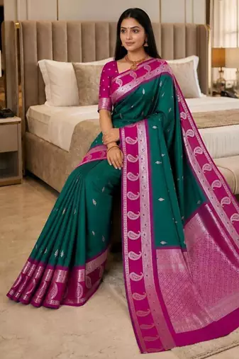 Sea green color silk blend zari woven work saree