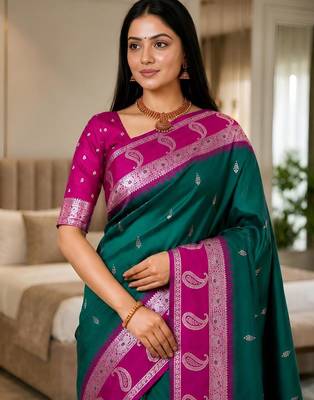 Sea green color silk blend zari woven work saree 5