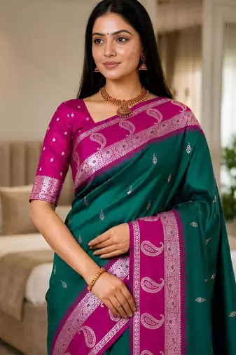 Sea green color silk blend zari woven work saree