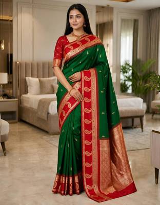 Dark green color silk blend zari woven work saree 1