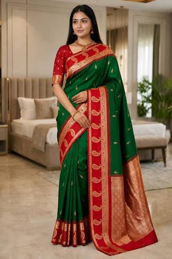 Dark green color silk blend zari woven work saree