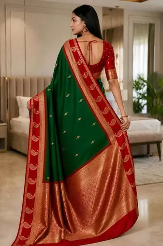 Dark green color silk blend zari woven work saree