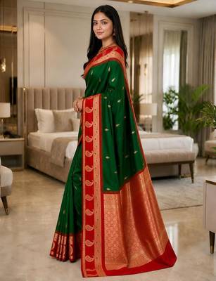 Dark green color silk blend zari woven work saree 3