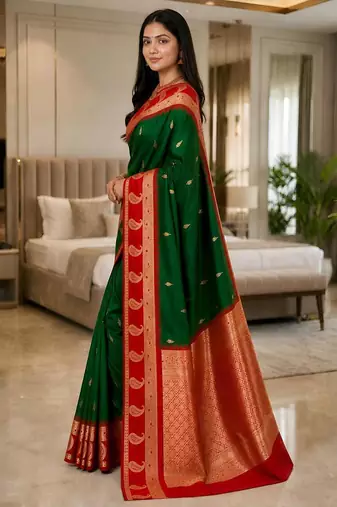 Dark green color silk blend zari woven work saree