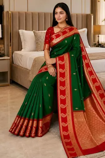 Dark green color silk blend zari woven work saree