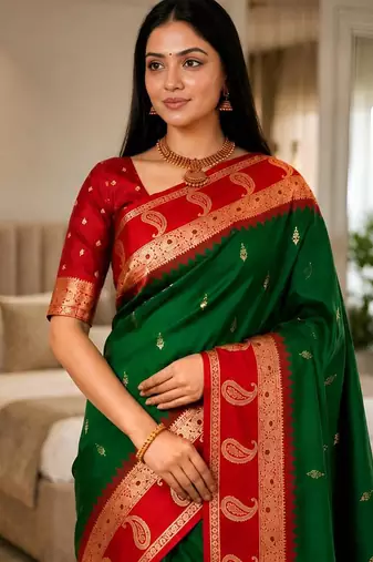 Dark green color silk blend zari woven work saree