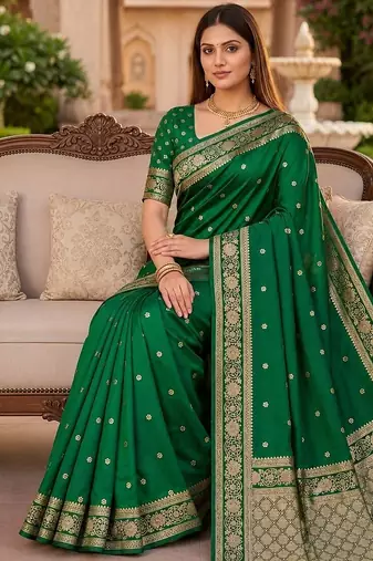 Green color silk blend zari woven work sari -un stitched blouse