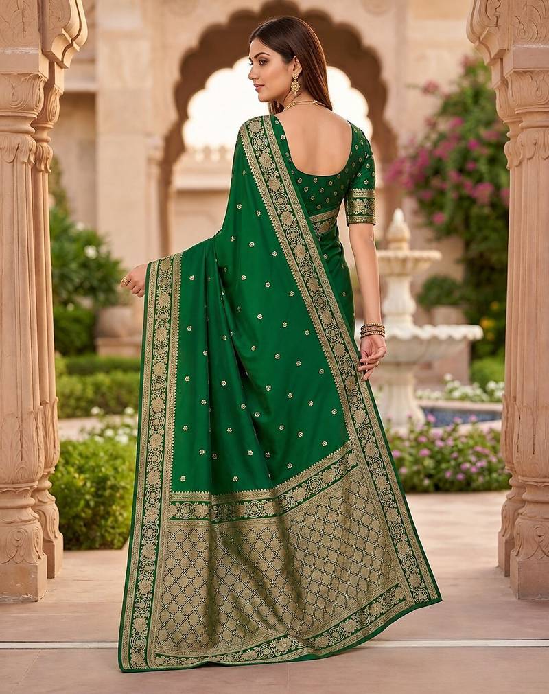 Green color silk blend zari woven work sari -un stitched blouse