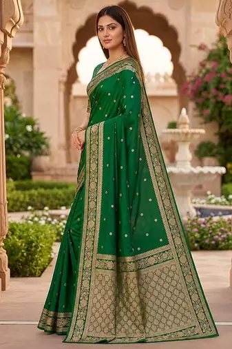 Green color silk blend zari woven work sari -un stitched blouse