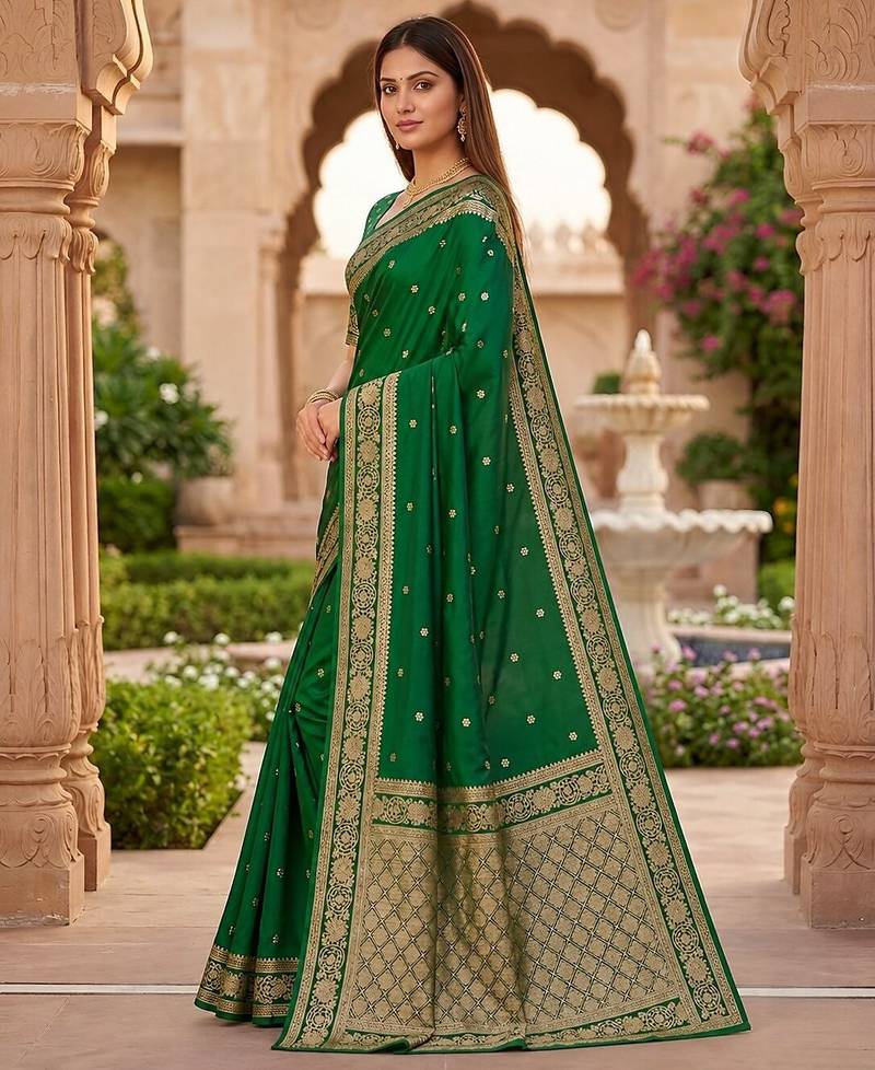 Green color silk blend zari woven work sari -un stitched blouse