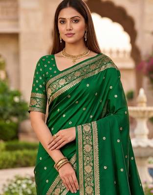 Green color silk blend zari woven work sari -un stitched blouse 4