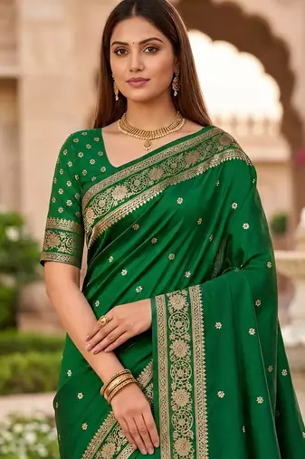 Green color silk blend zari woven work sari -un stitched blouse